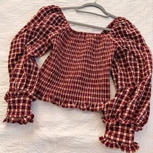 Plaid Smocked Puff Sleeve Top